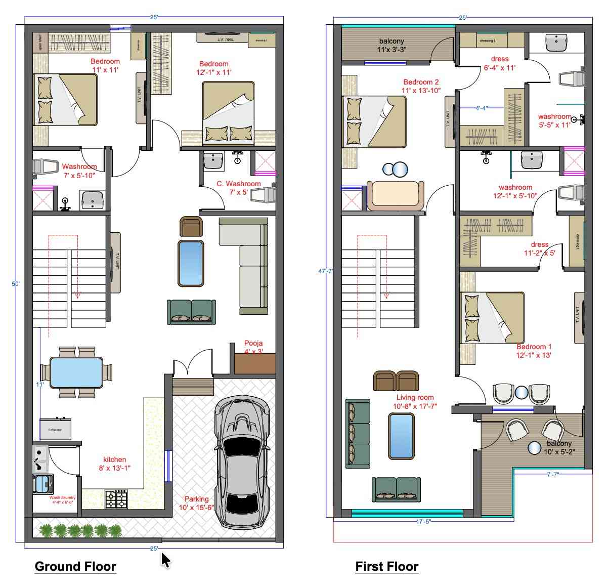 25 × 50 FT floor plan blueprint - Linear Family Home Blueprint