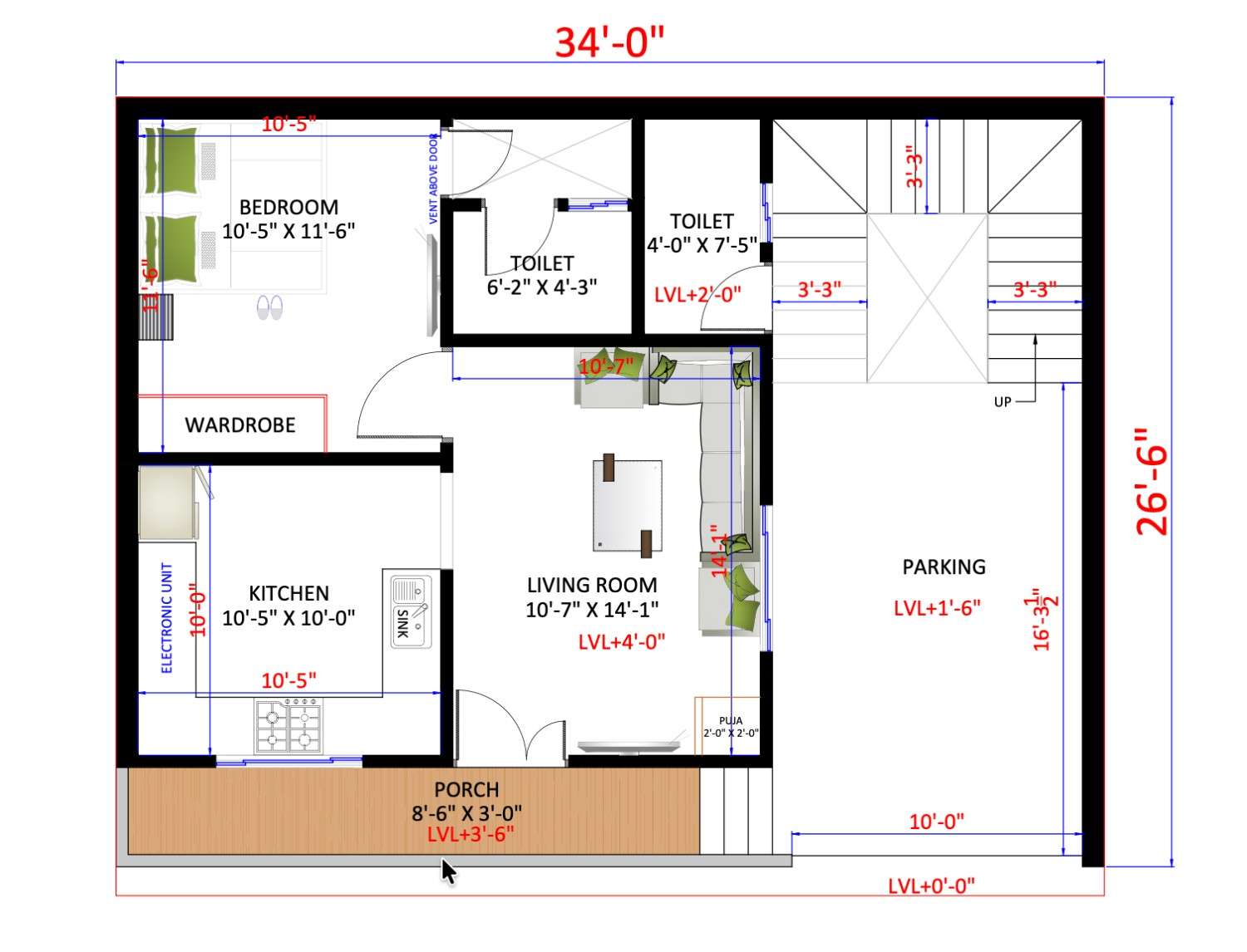 26 × 34 FT floor plan blueprint - Compact Smart Family Home