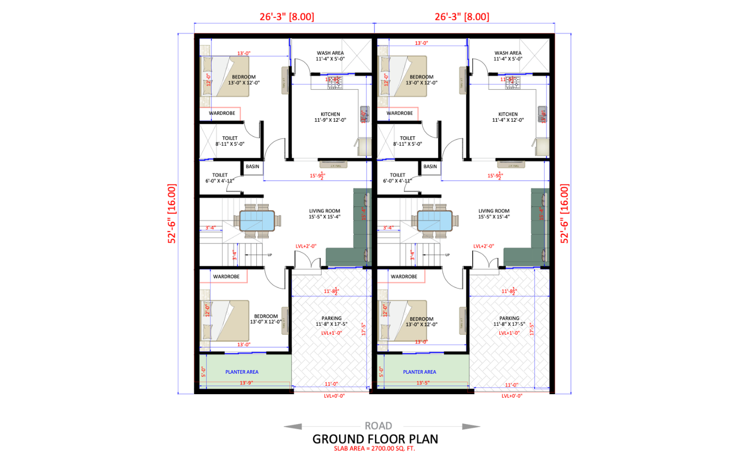 26 × 52 FT floor plan blueprint - Contemporary Luxury Duplex Villa