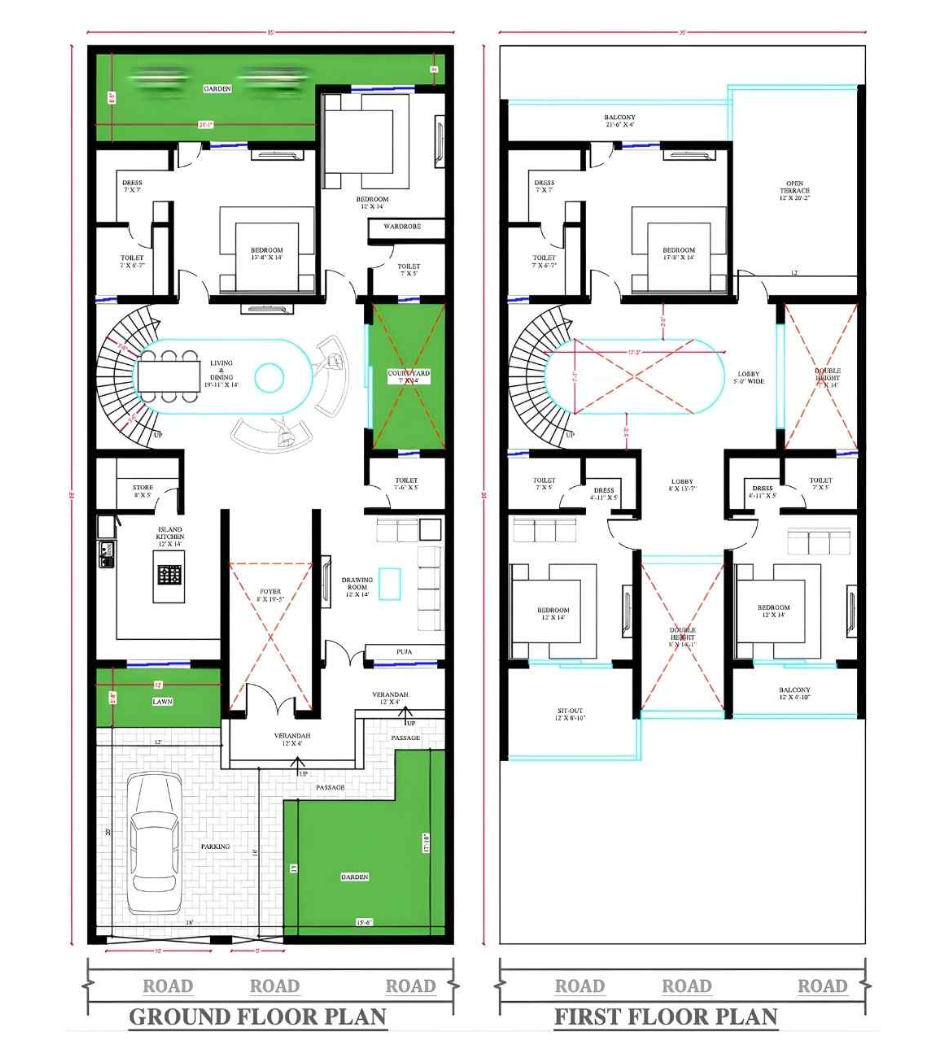 35 × 85 FT floor plan blueprint - Deep Plot Luxury Bunglow Plan