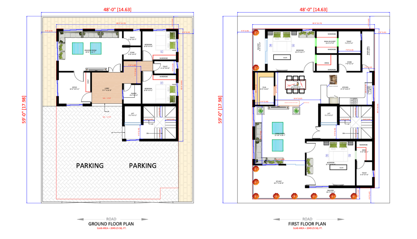 48 × 59 FT floor plan blueprint - Signature Modern Villa Layout